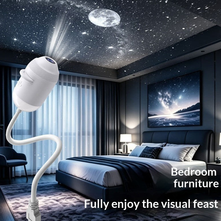 Room with starry night ceiling projection, bedroom furniture, and TV.