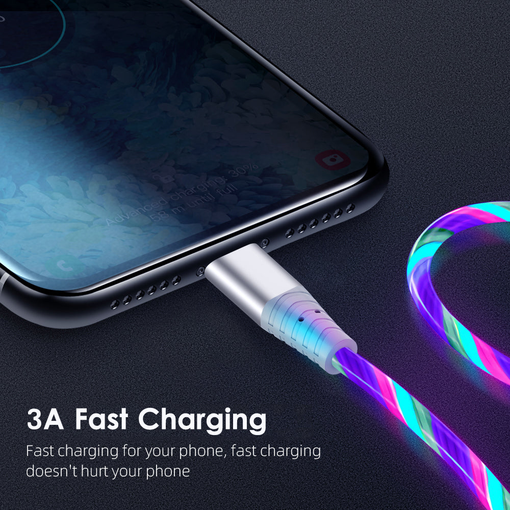 Smartphone with a colorful charging cable on a dark surface, highlighting fast charging feature.