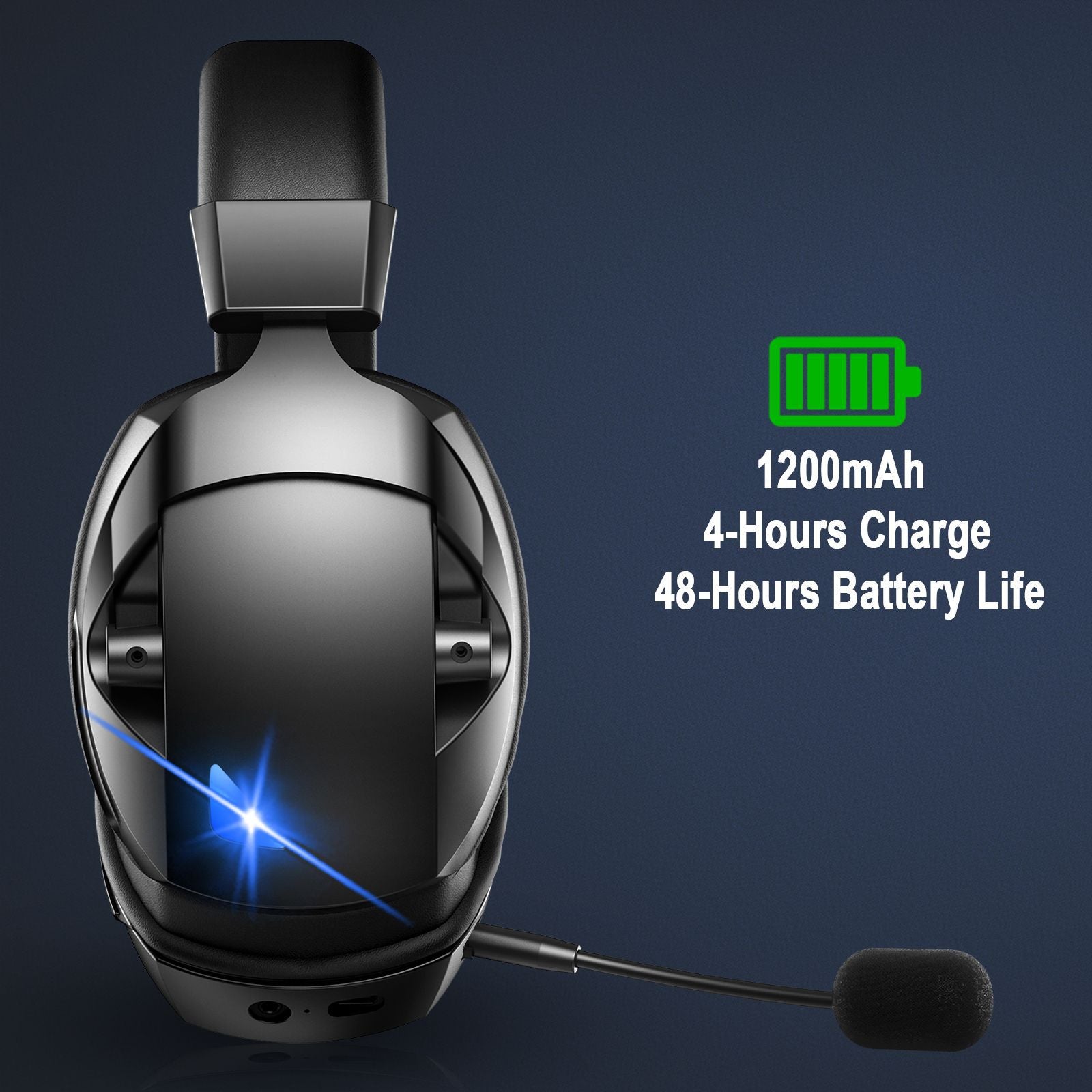 Gaming headset with battery life details on a dark background