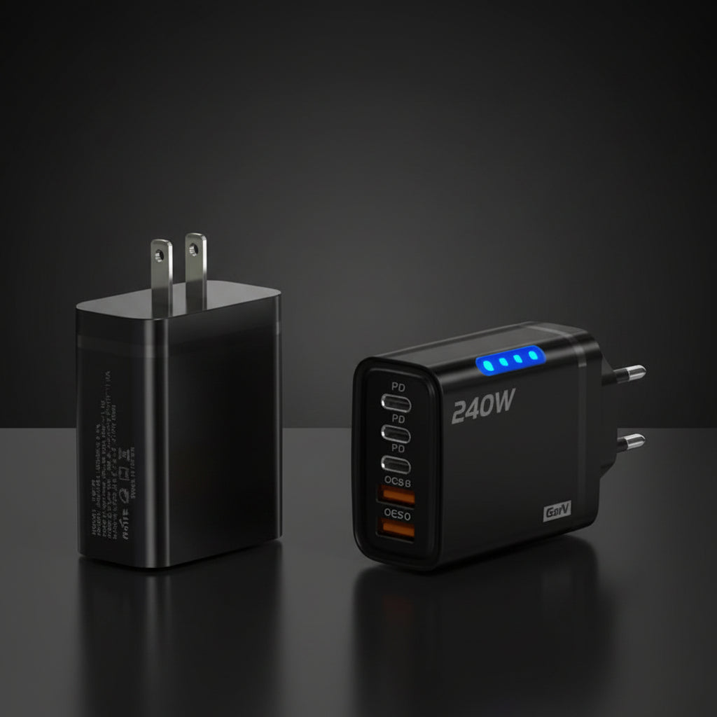 Two black power adapters on a reflective surface with a dark background