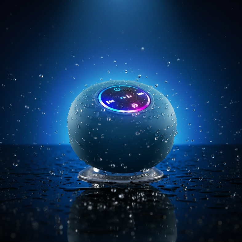 Blue spherical device with a glowing blue light on a dark background