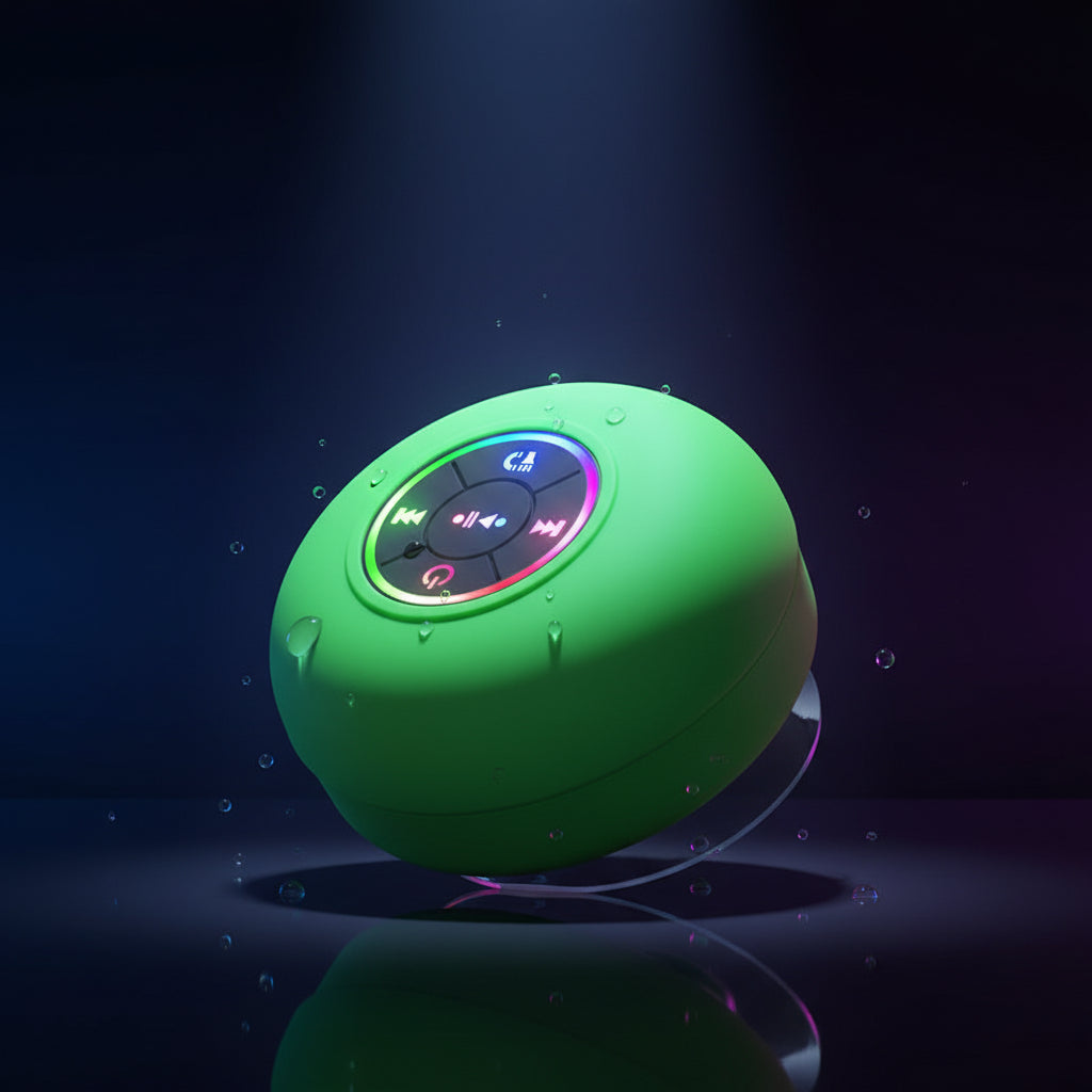 Green spherical shower speaker with control panel on a dark background