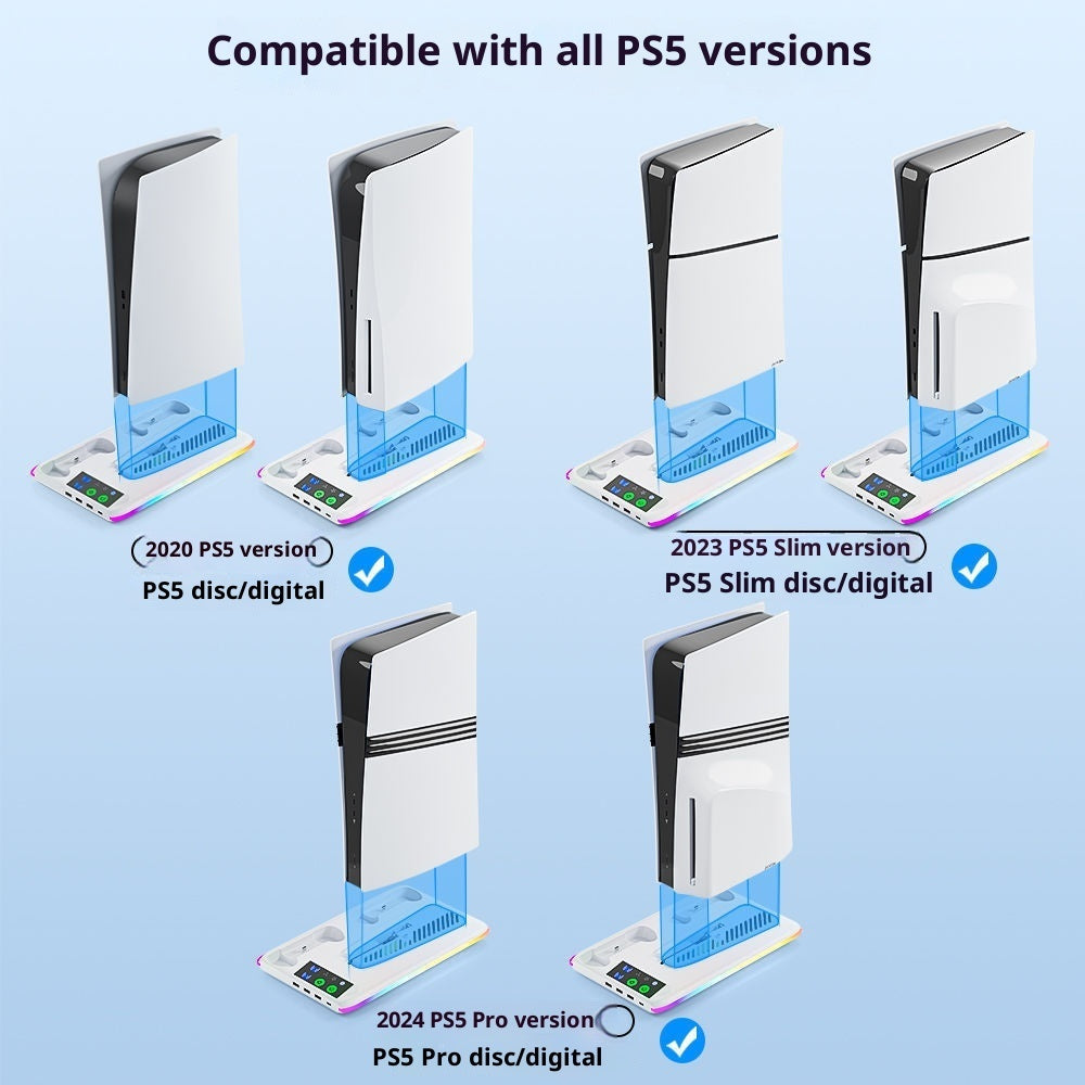 Illustrations of different PS5 versions with compatibility labels on a light blue background