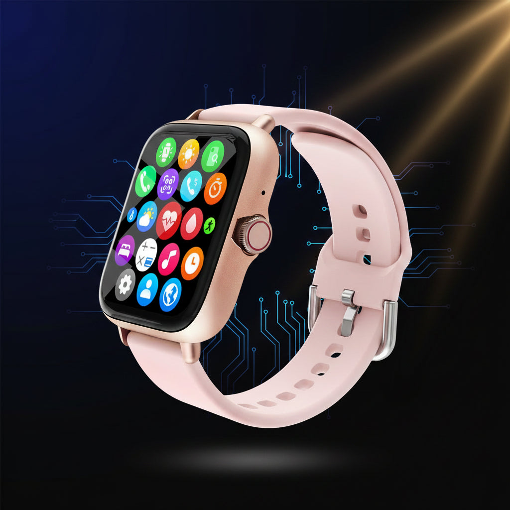 Smartwatch with a pink band on a black blue background
