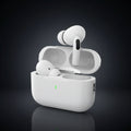 White wireless earbuds with charging case on a dark background