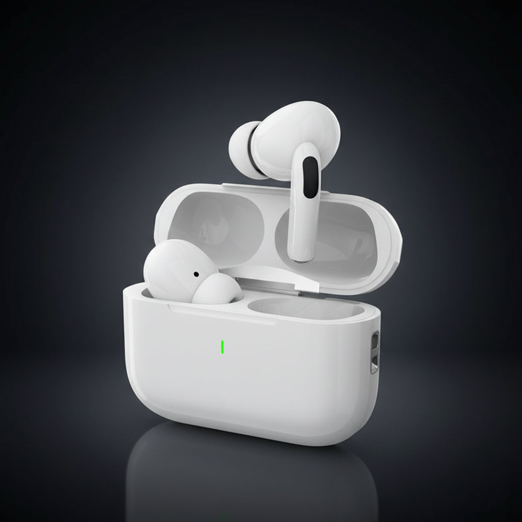 White wireless earbuds with charging case on a dark background