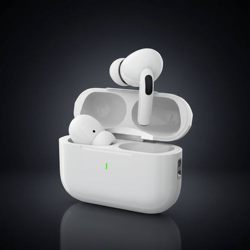White wireless earbuds with charging case on a dark background