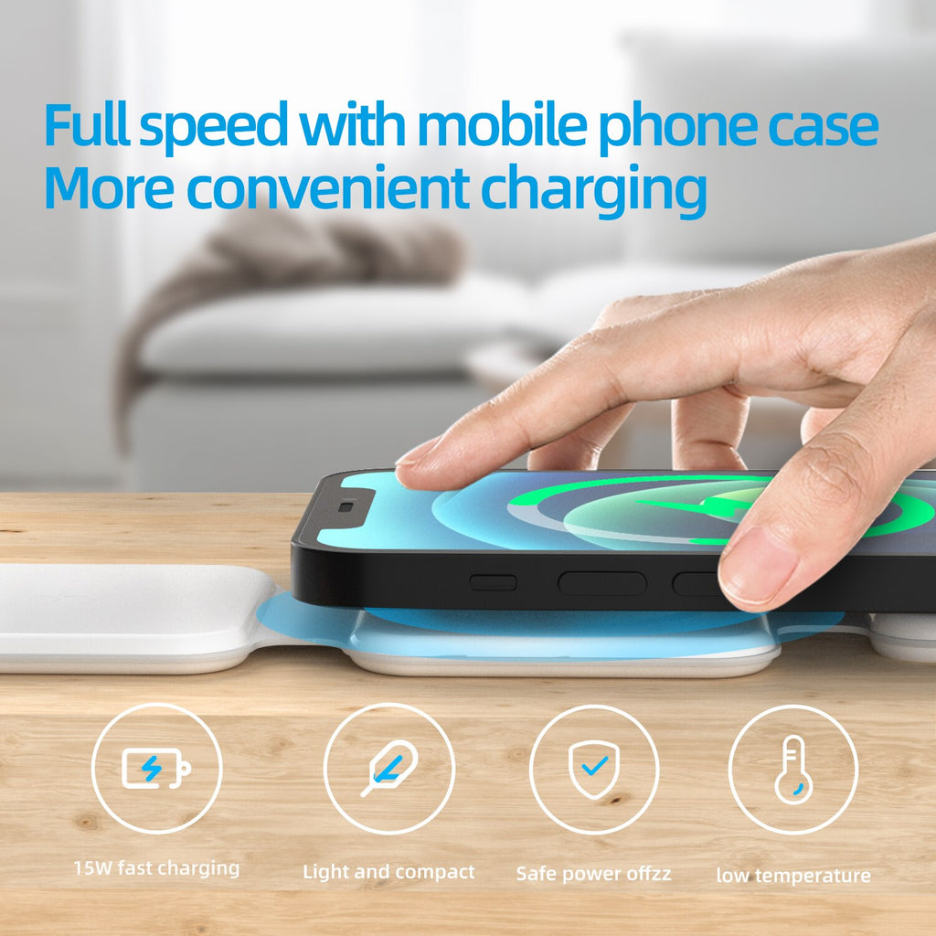 Hand placing a smartphone on a wireless charging pad with text about charging speed and convenience.
