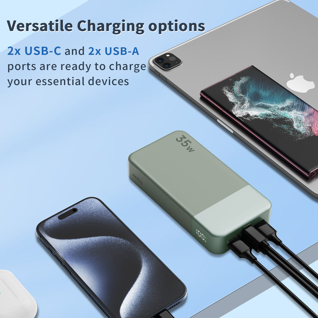 Multiple electronic devices connected to a charging hub with text highlighting charging options.