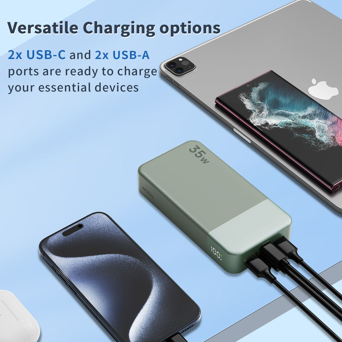 Multiple electronic devices connected to a charging hub with text highlighting charging options.