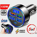 Car charger with multiple USB ports and digital display on a white background