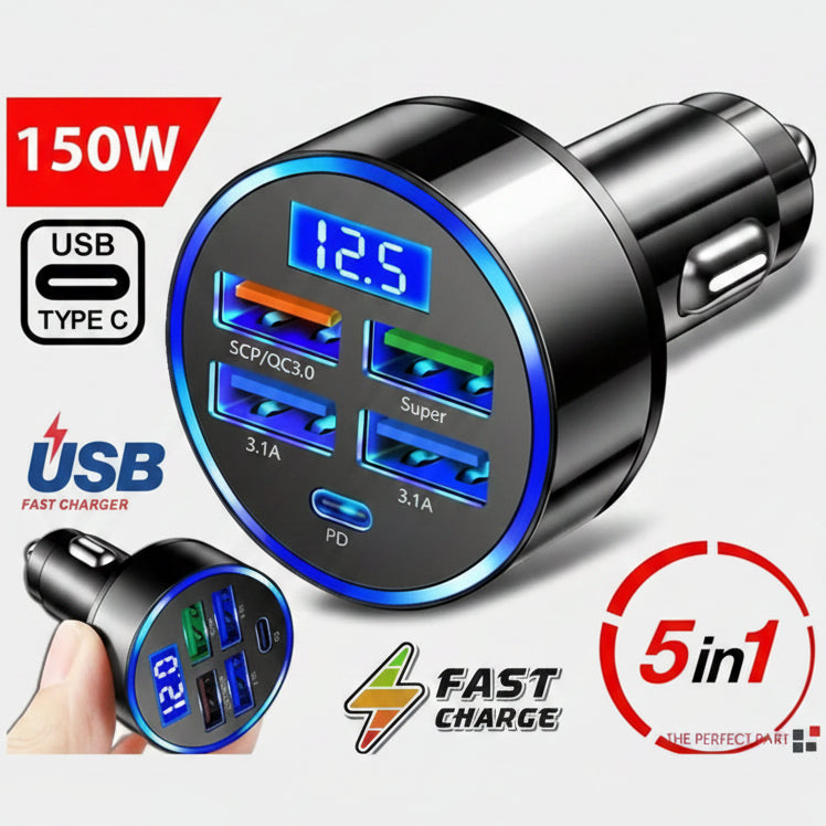 Car charger with multiple USB ports and digital display on a white background