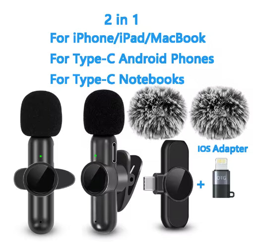 Two microphones with accessories on a white background with text indicating compatibility with various devices.