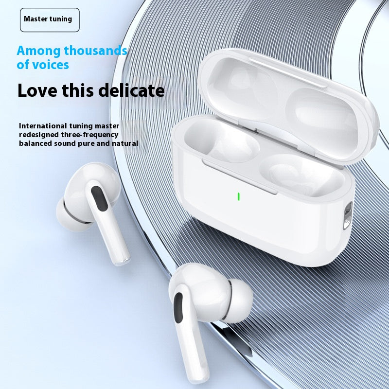 White wireless earbuds with charging case on a blue and gray gradient background