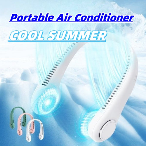 Portable air conditioner fan with cooling effect on a blue background