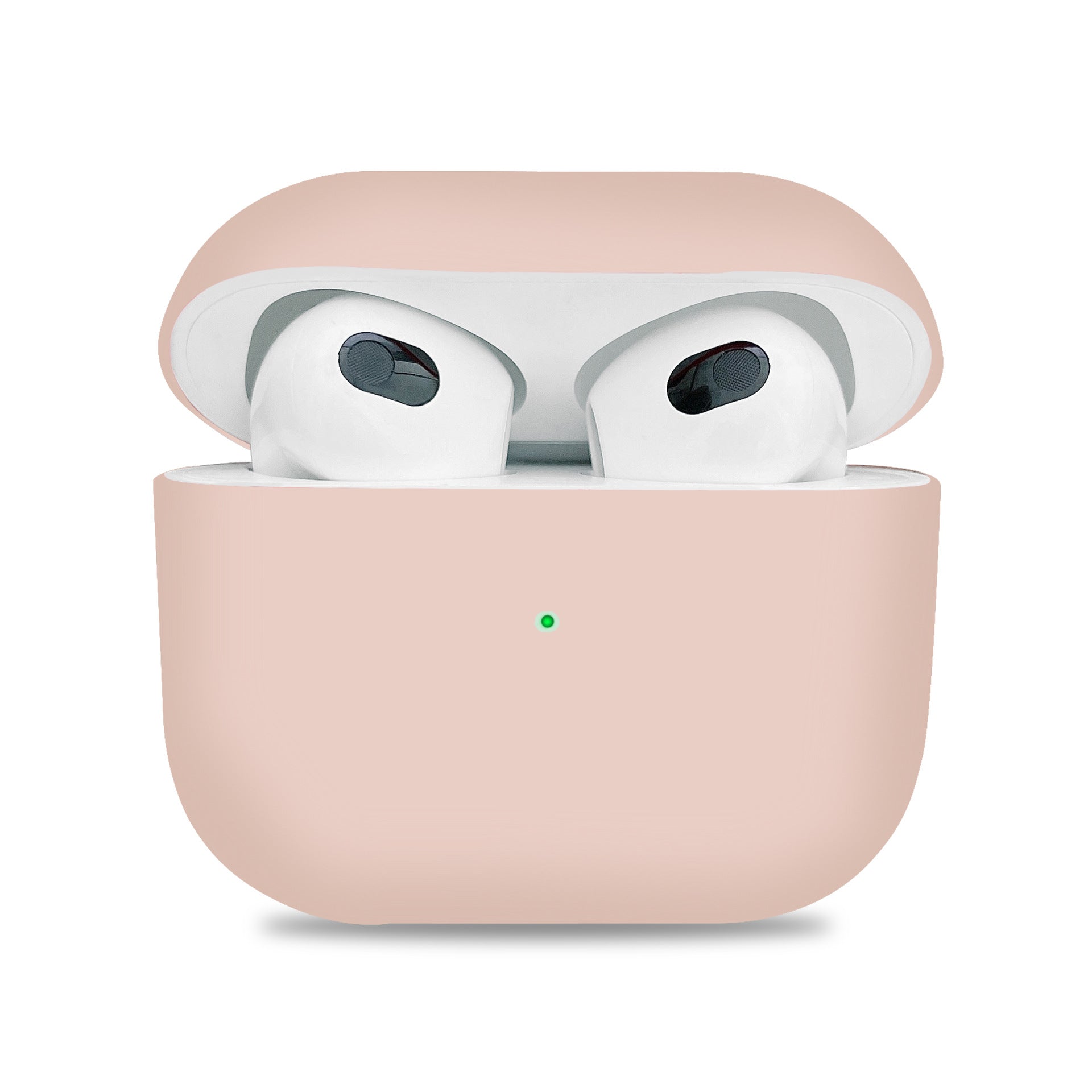 Wireless earbuds in a light pink case on a white background