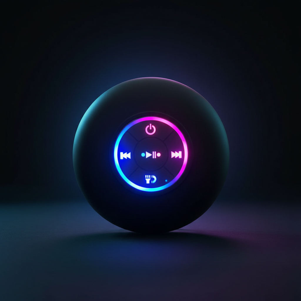 Black spherical Bluetooth speaker with control buttons on a dark background