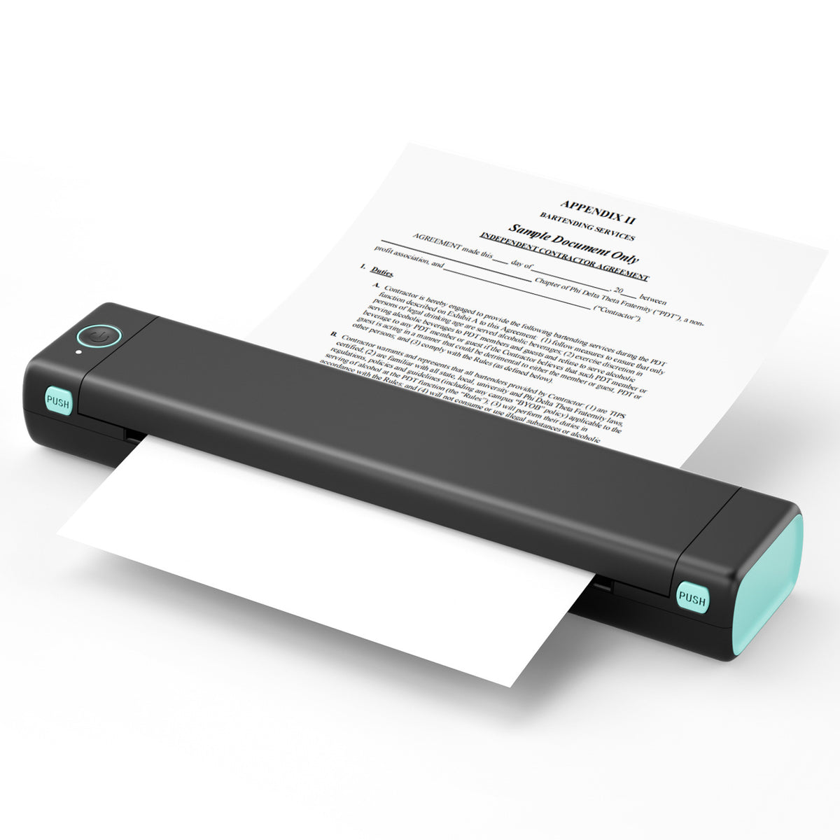 Portable printer printing a document on a white background