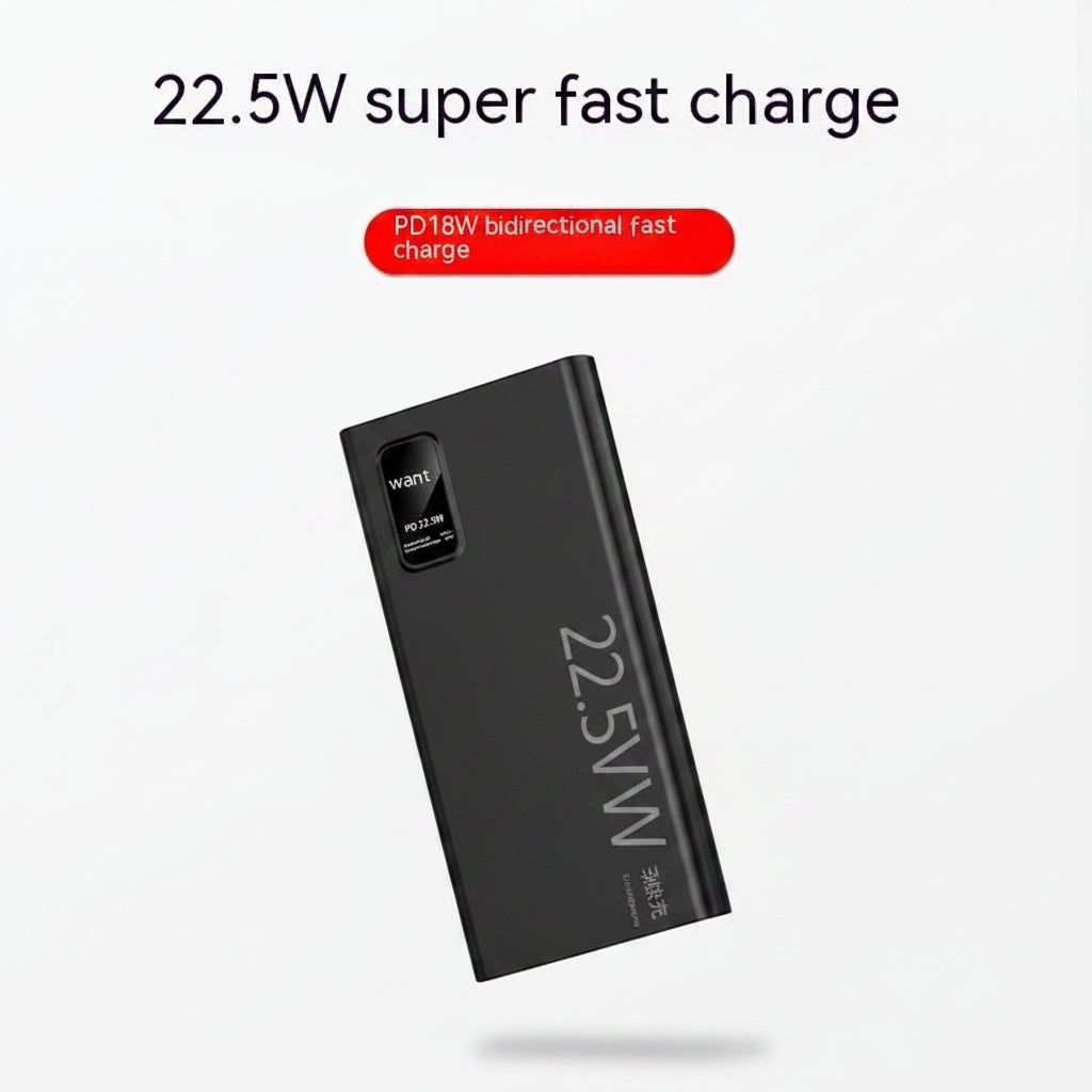 Black power bank with '22.5W super fast charge' text held by a hand on a white background