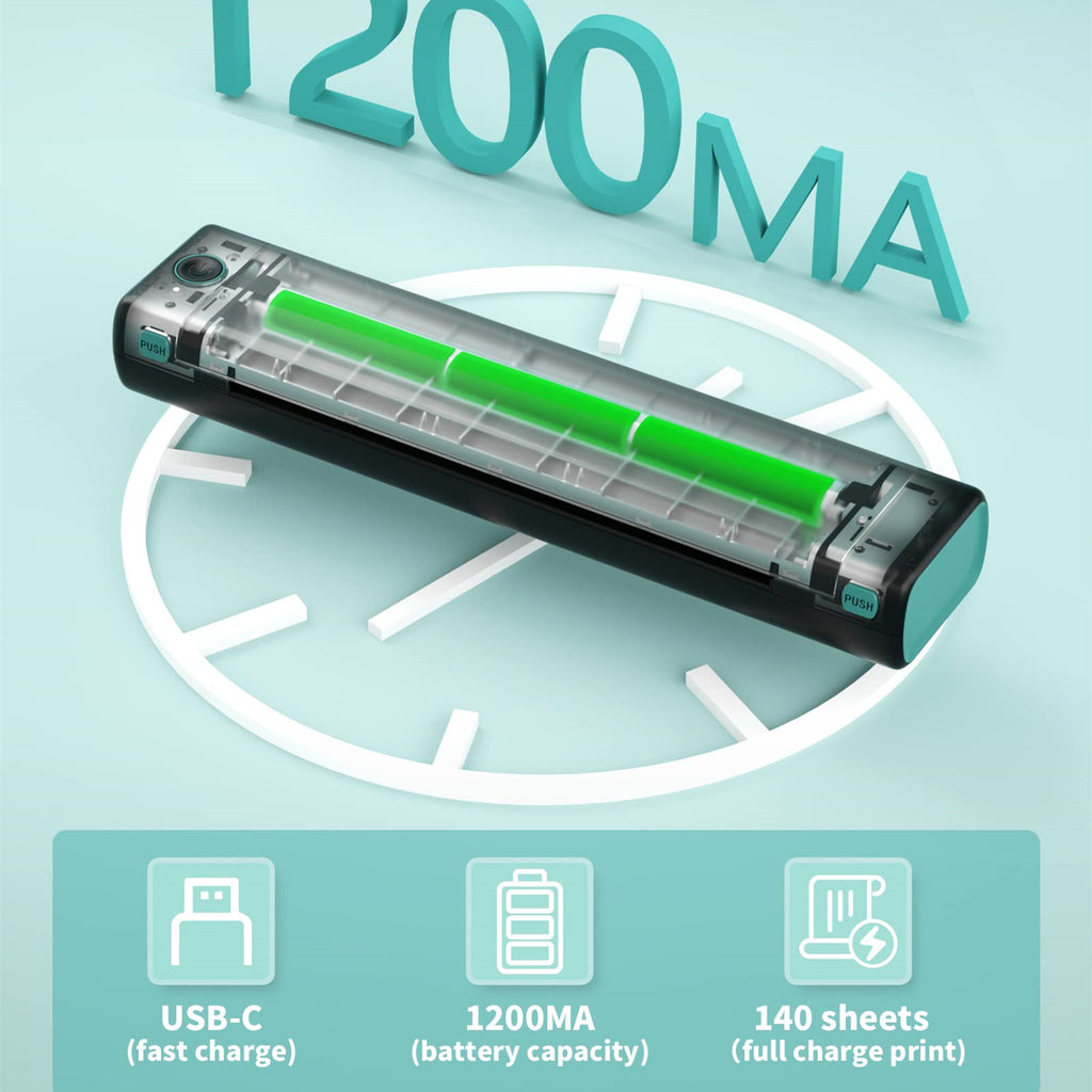 Printer with USB-C, 1200MA battery capacity, and 140 sheets capacity on a light blue background