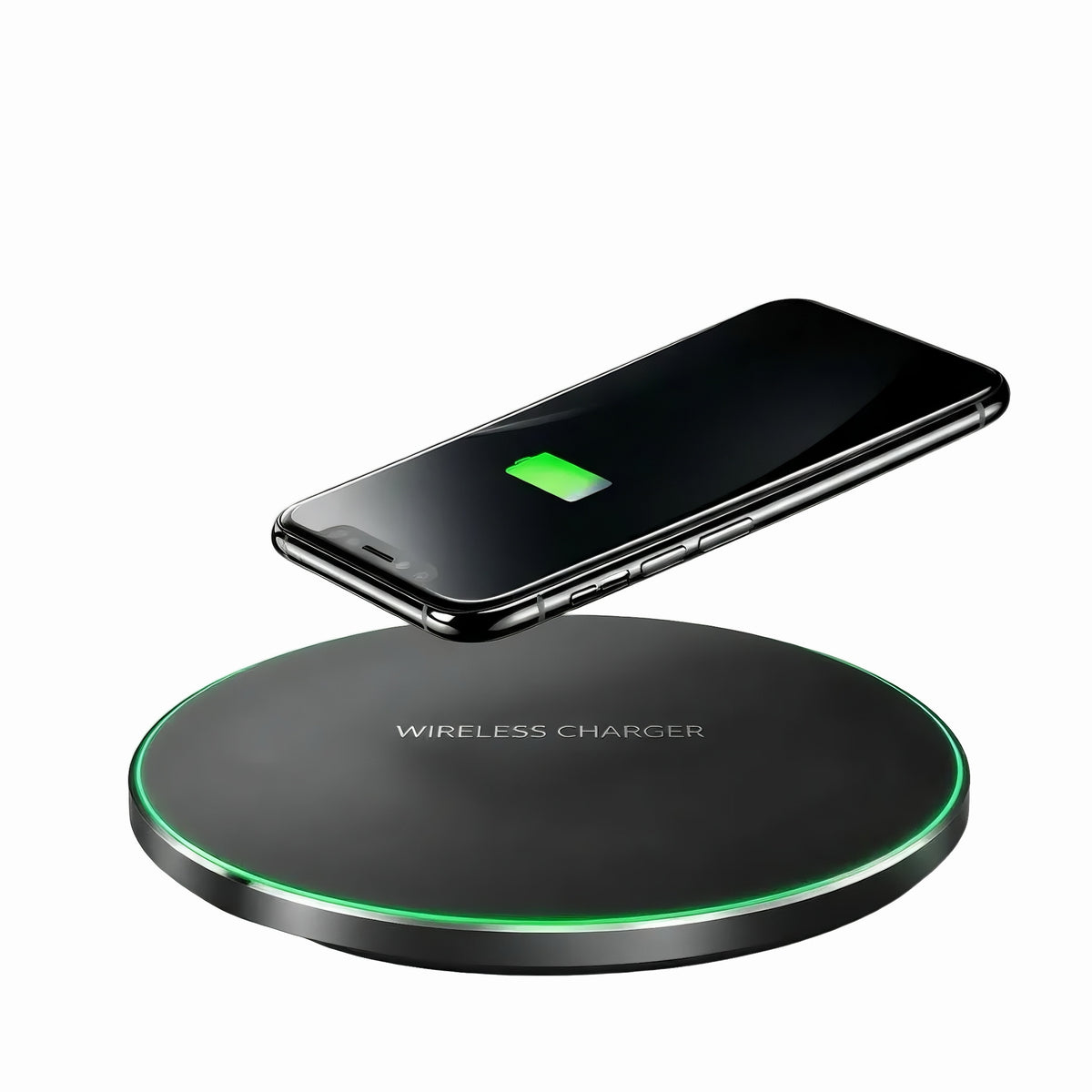 Black ultra-slim 15W fast wireless charging pad charging a smartphone