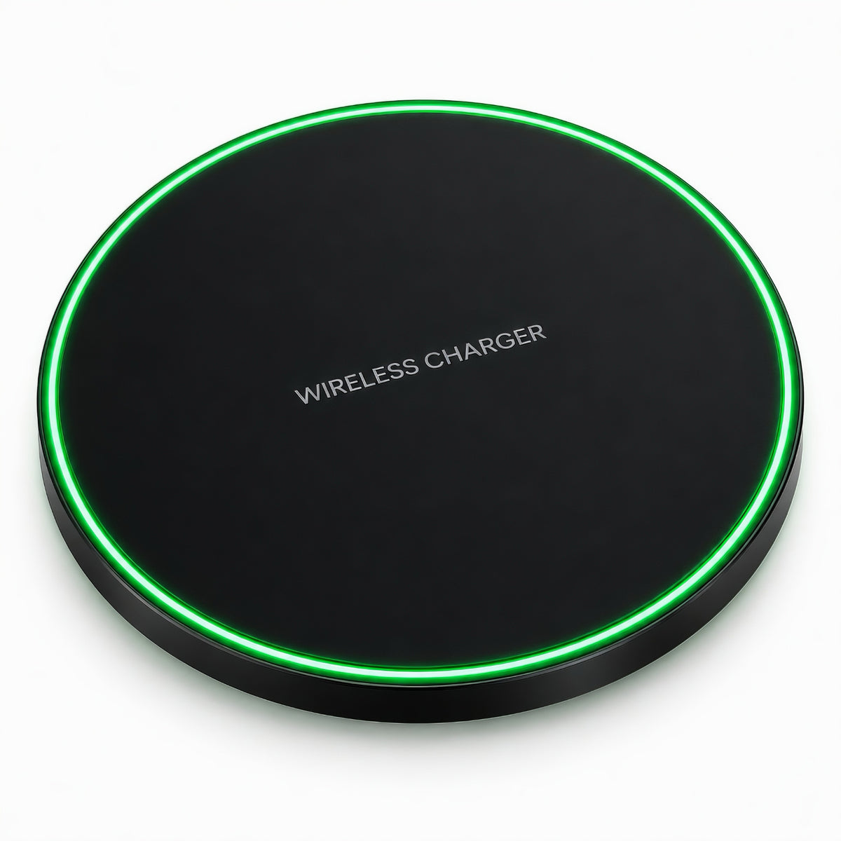 Round black fast wireless charging pad with glowing green LED light ring