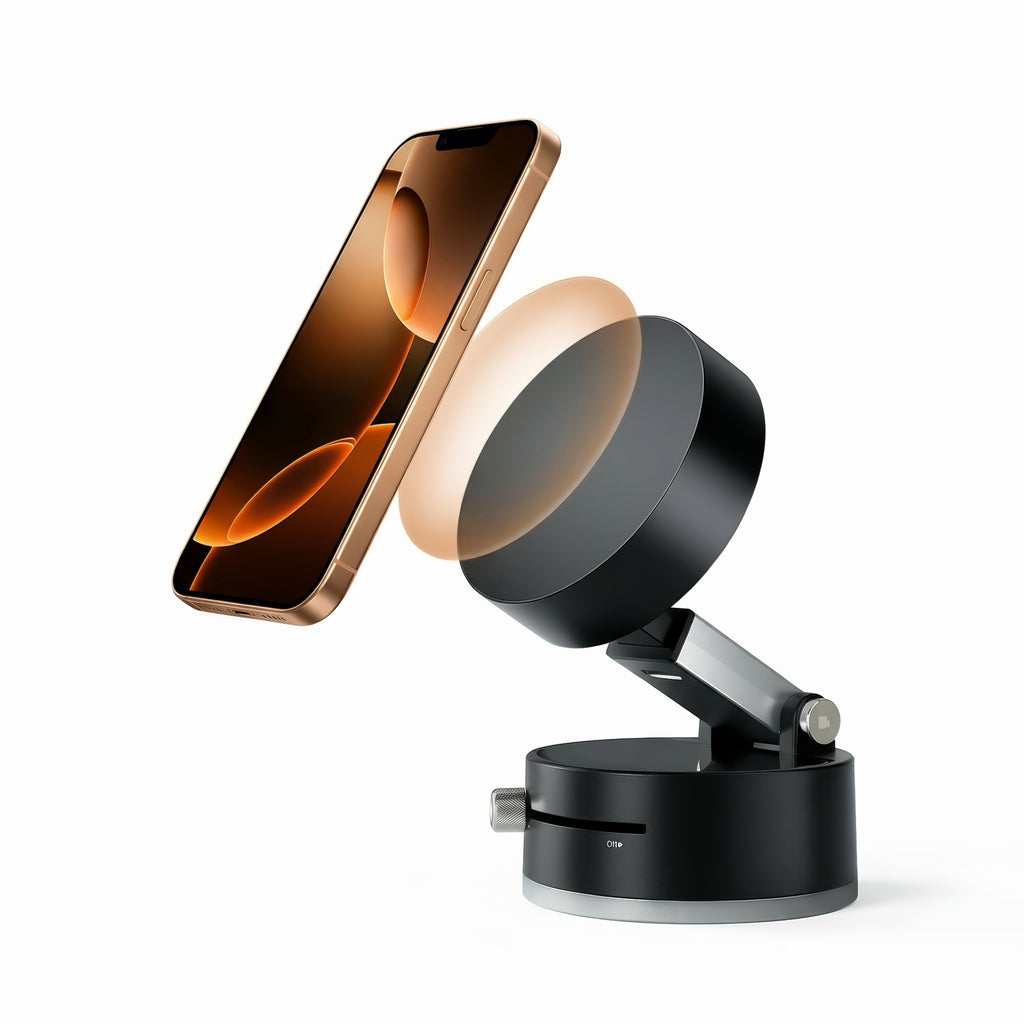 A black magnetic vacuum desk phone holder with an adjustable arm holding a smartphone