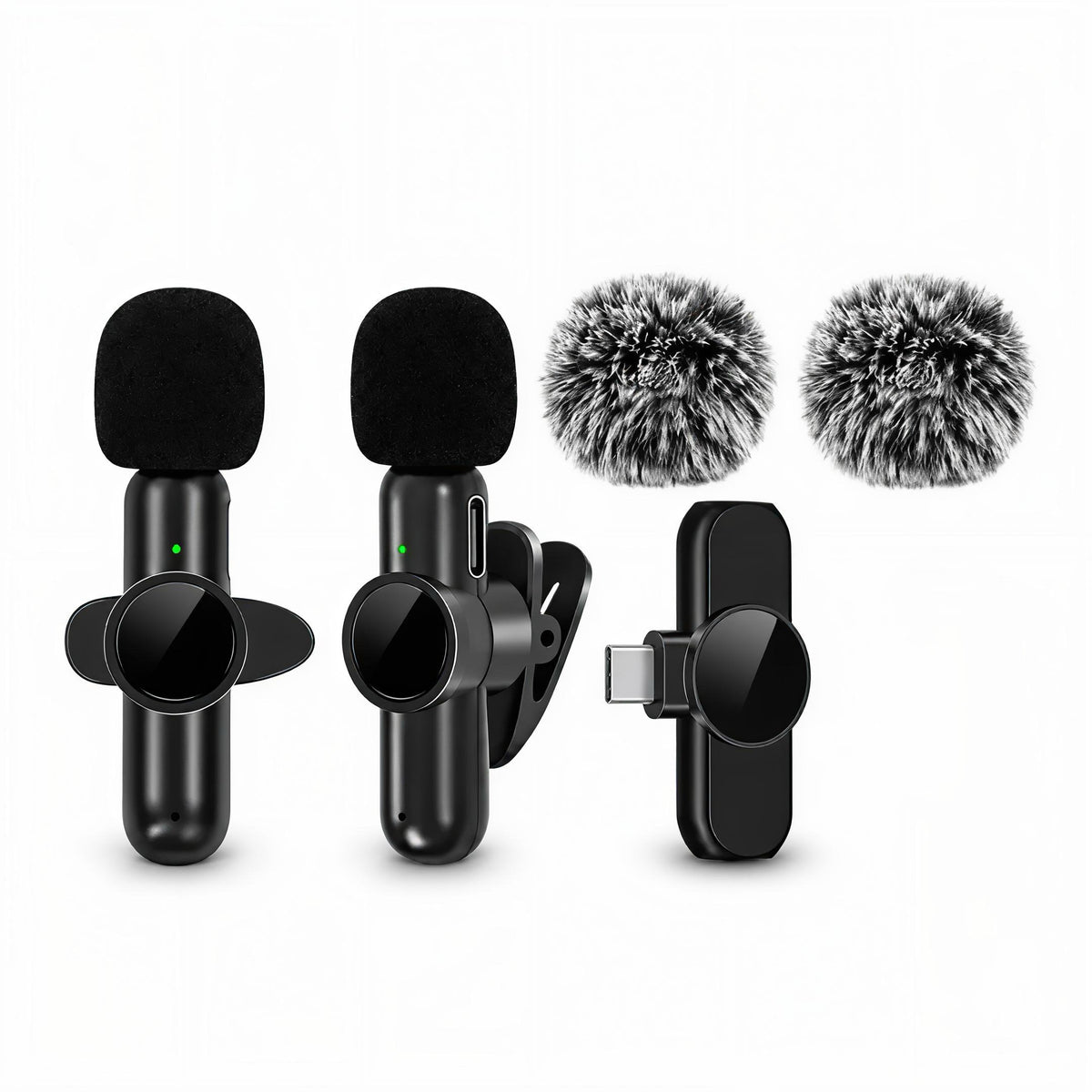 K3 dual wireless lavalier microphones with furry windscreens and Type-C receiver