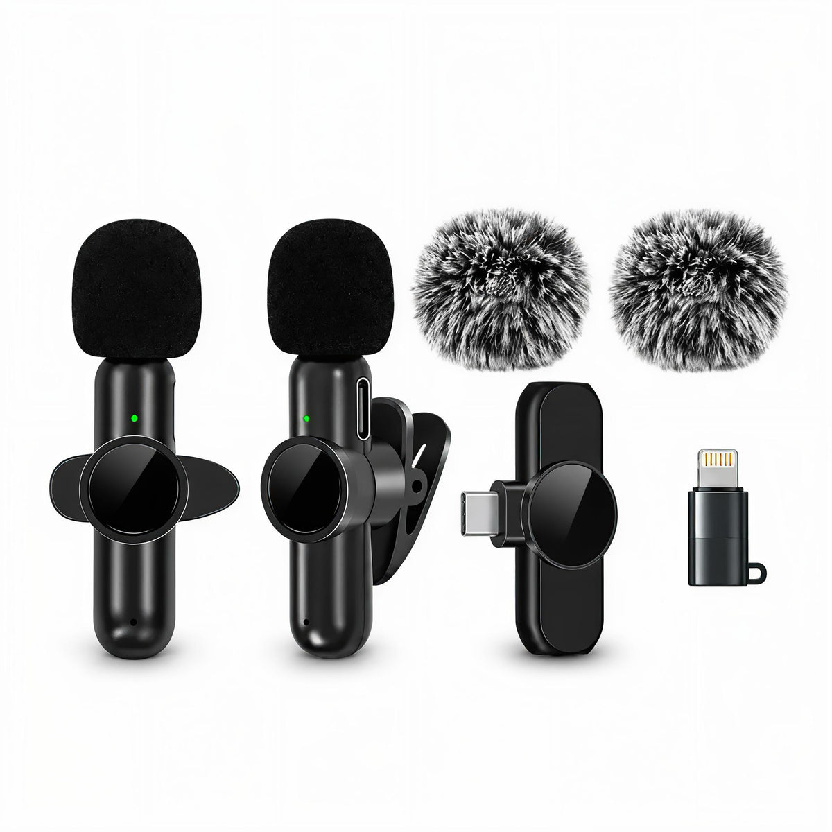 K3 wireless pro lavalier microphone set with two lapel mics receivers windscreens and adapters for iPhone and Android