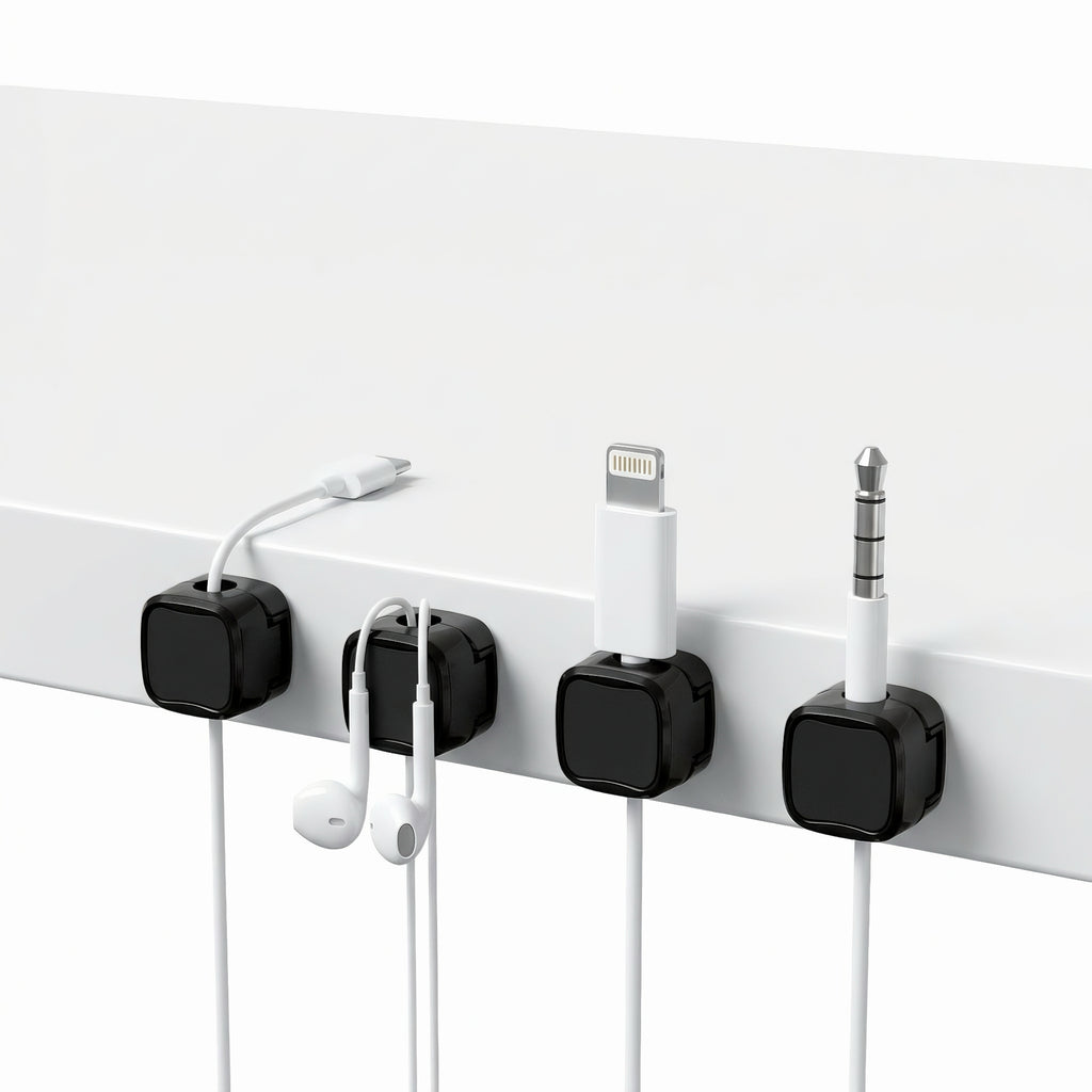 Magnetic cable management clips holding charging cables and earphones attached to desk edge