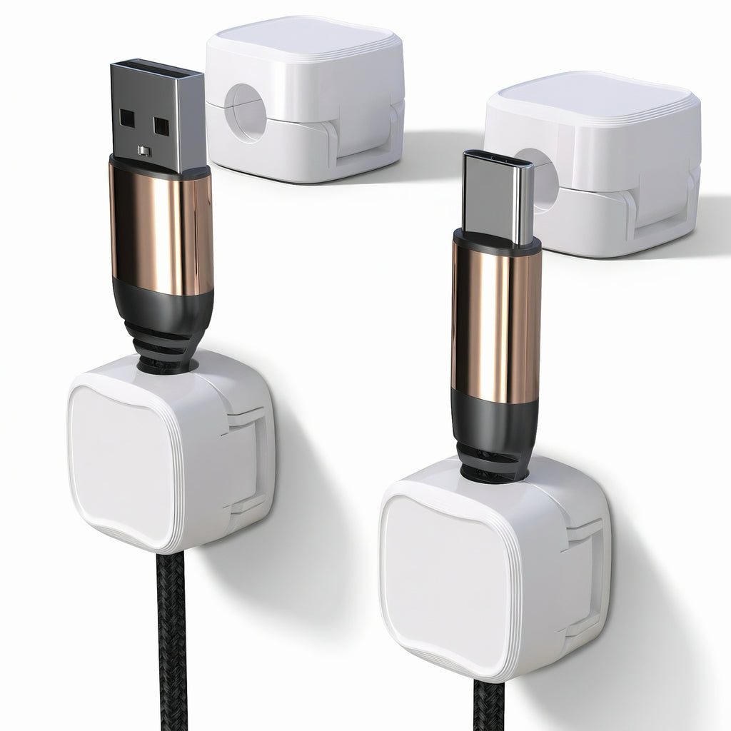 White magnetic cable clips with USB and USB C charging cables attached