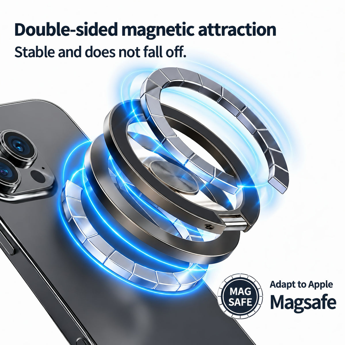 Diagram showing double-sided magnetic attraction and MagSafe compatibility for phone stand