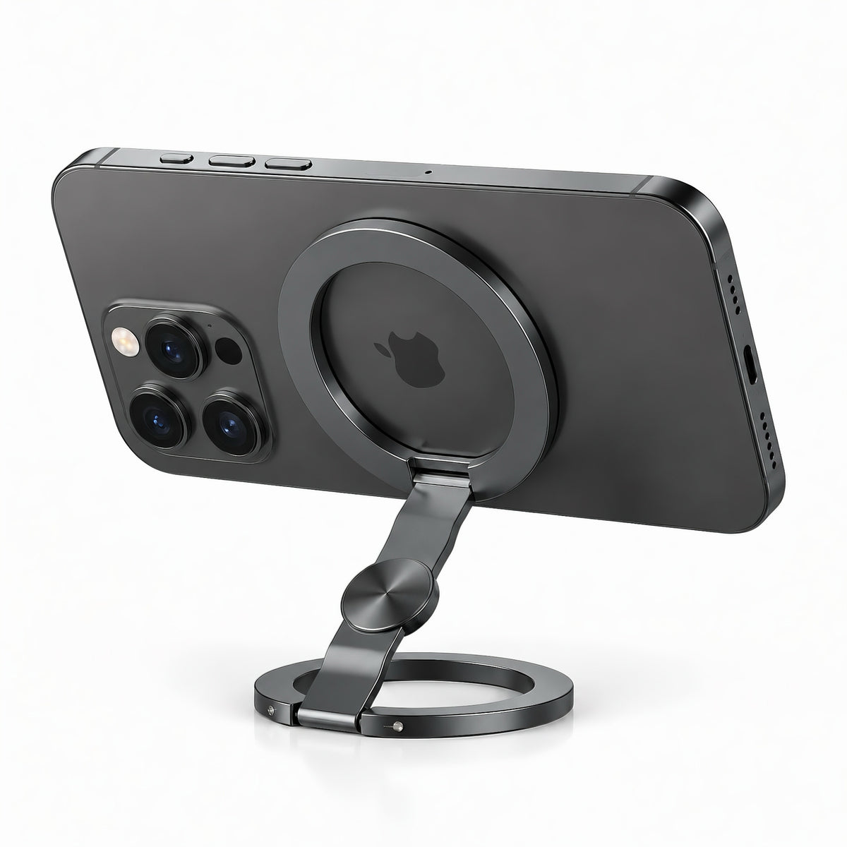 Magnetic desk phone holder and fidget stand holding a black smartphone horizontally on a white background