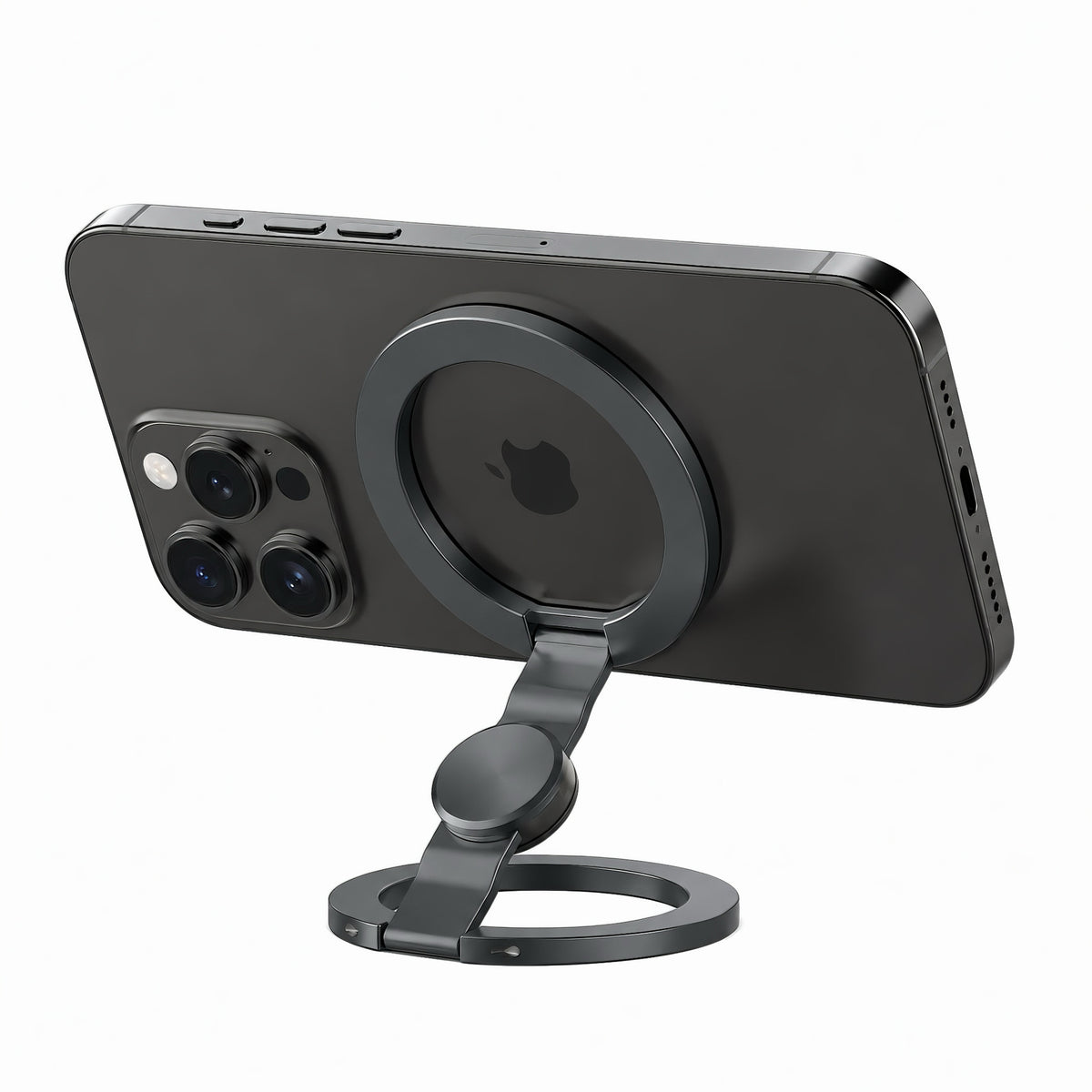 Side view of a black magnetic phone stand with adjustable arm holding a smartphone horizontally