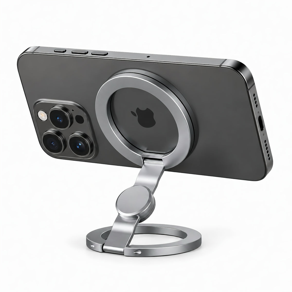Side view of a silver magnetic phone stand with adjustable arm holding a smartphone horizontally