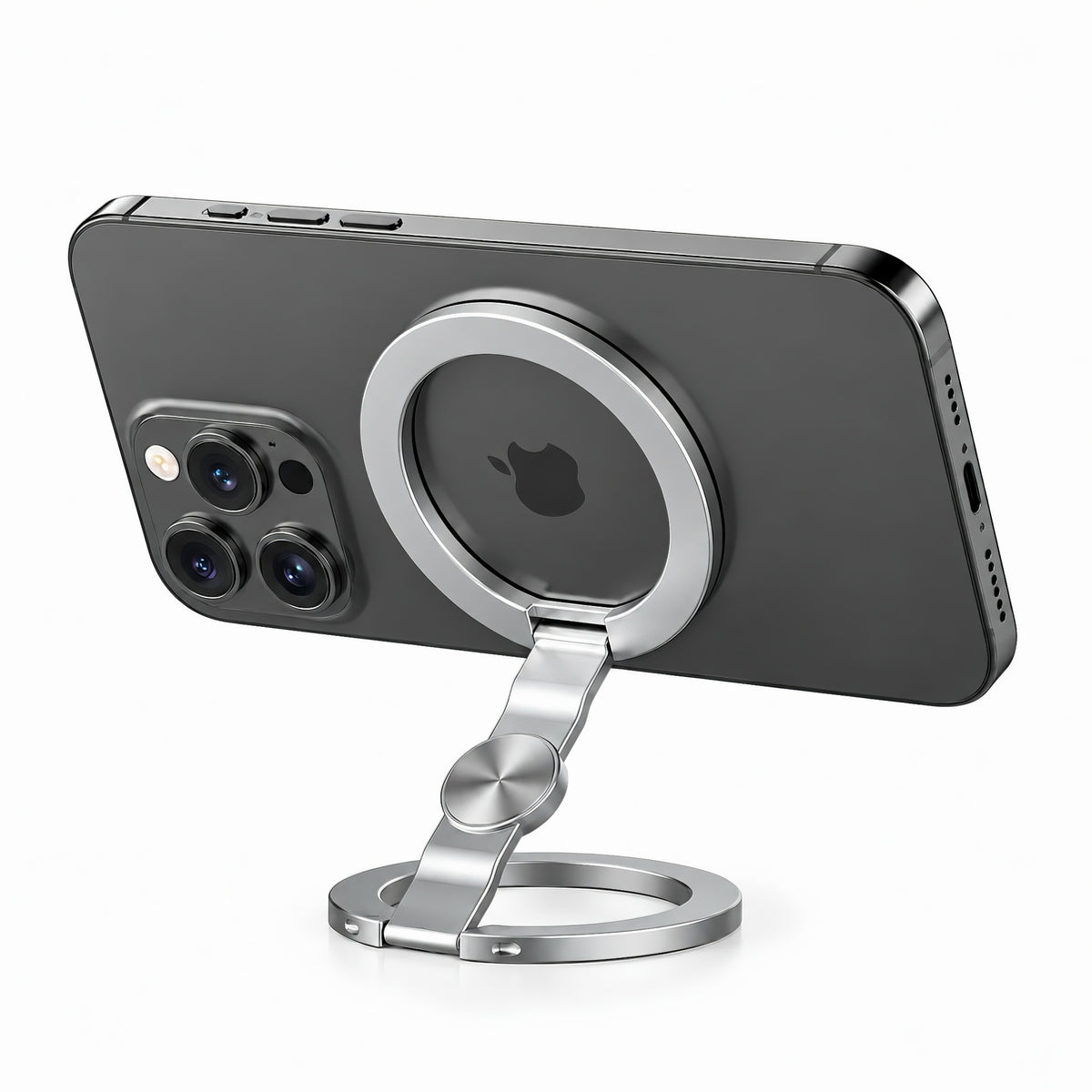 Silver magnetic phone stand with adjustable arm holding a smartphone horizontally