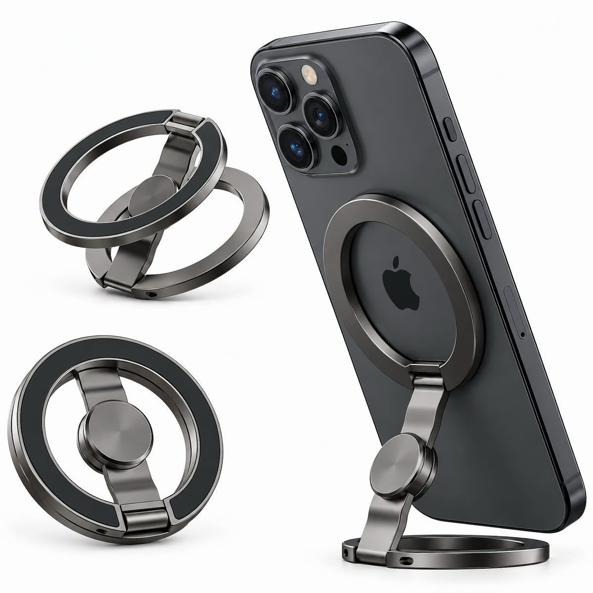 Magnetic phone holder supporting a smartphone vertically with extra views of the folded gyro stand