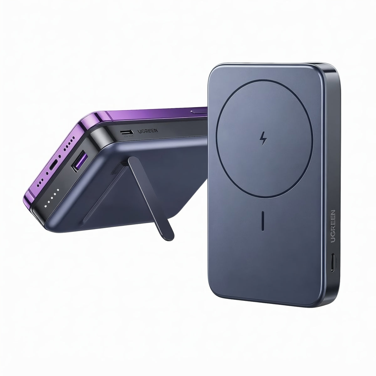 Gray magsafe power bank shown from two angles highlighting the magnetic pad and built-in kickstand