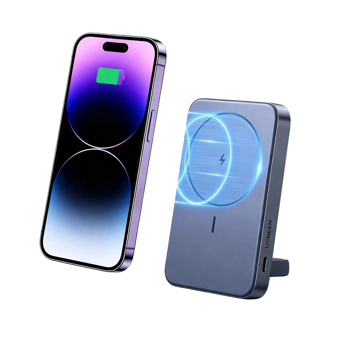 Mini magsafe power bank with built-in kickstand shown beside a charging smartphone on a white background
