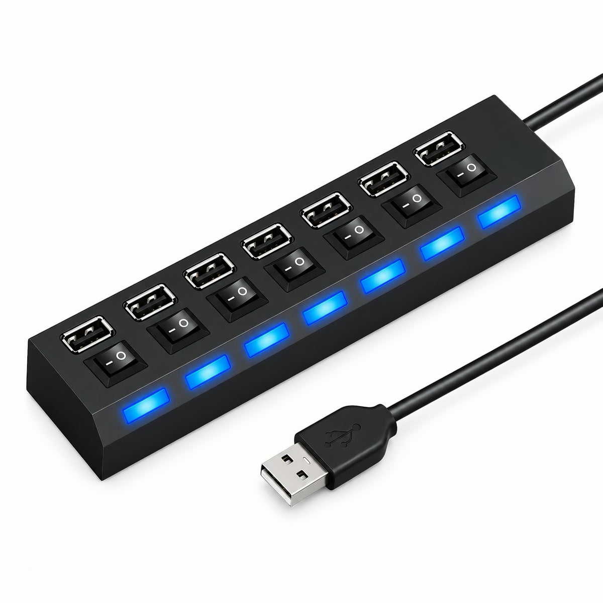 Black 7 port USB hub splitter with individual power switches and blue LED indicator lights attached to USB cable