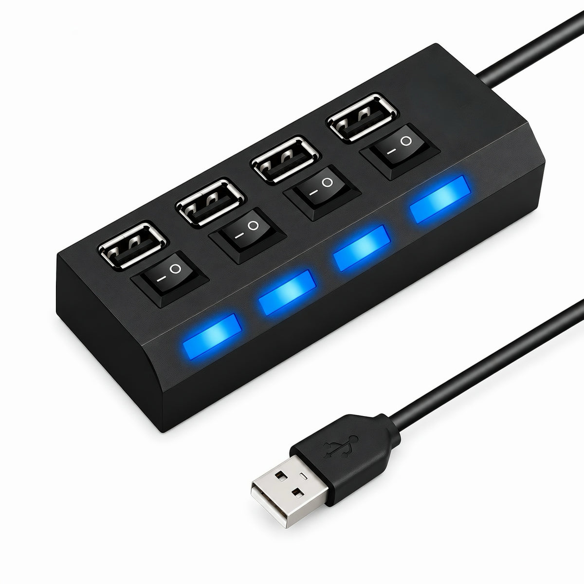 Black 4 port USB hub splitter with individual power switches and blue LED indicator lights attached to USB cable
