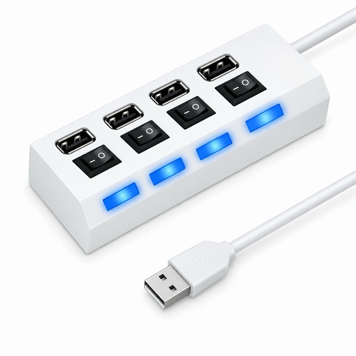 White 4 port USB hub splitter with individual power switches and glowing blue LED indicator lights attached to USB cable