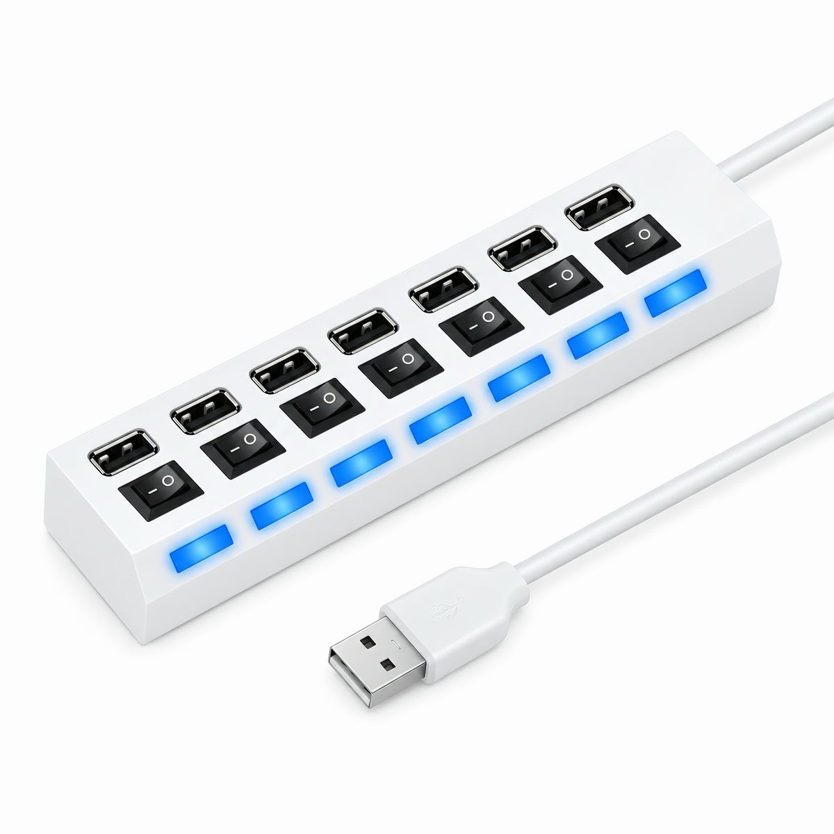 White 7 port USB hub splitter with individual power switches and glowing blue LED indicator lights attached to USB cable