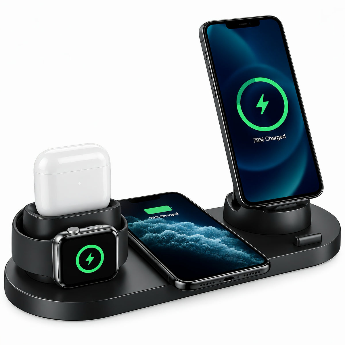 Black OmniCharge 6-in-1 wireless charging dock charging multiple smartphones, Apple Watch, and AirPods