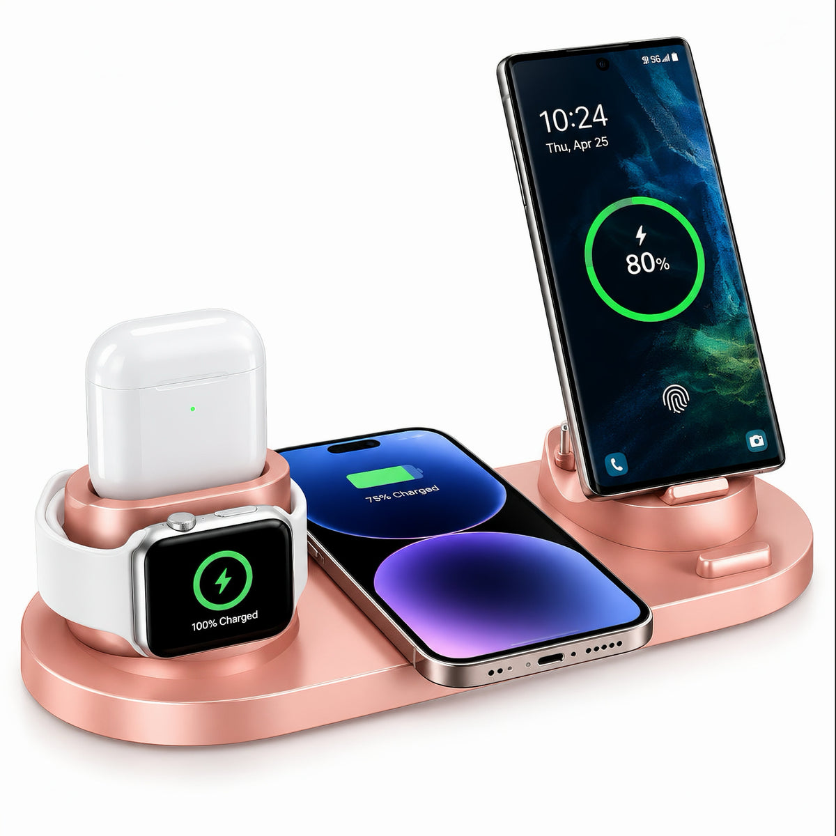 Rose gold OmniCharge 6-in-1 wireless charging dock charging multiple smartphones, Apple Watch, and AirPods