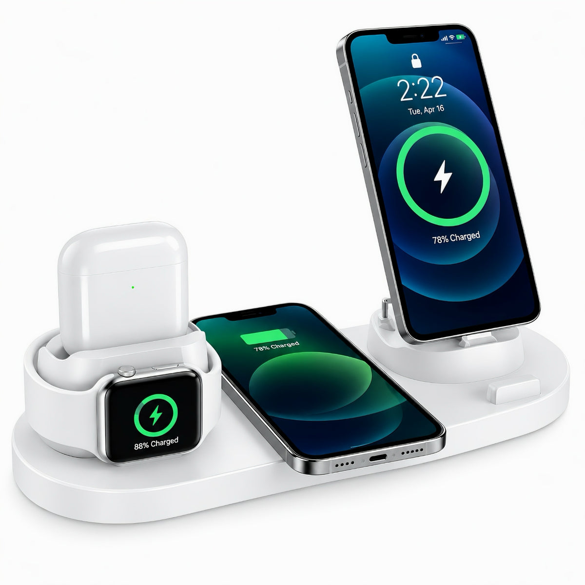 White OmniCharge 6-in-1 wireless charging dock charging multiple smartphones, Apple Watch, and AirPods
