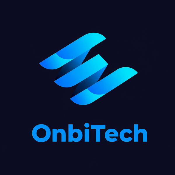 OnbiTech official brand logo with blue gradient icon and typography on dark background