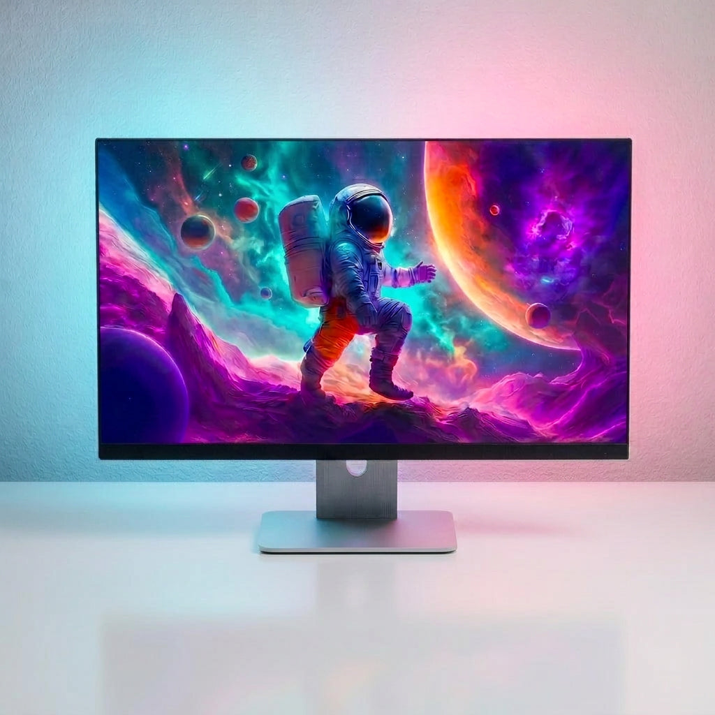 PC monitor with vibrant RGB ambient backlight syncing colors with space wallpaper on screen