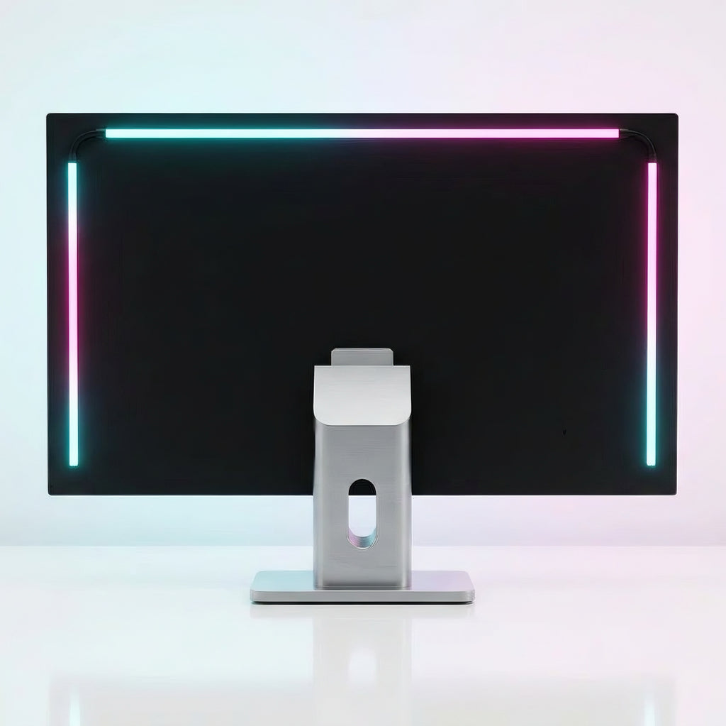 Back view of a computer monitor with illuminated RGB LED light strip attached along the edges