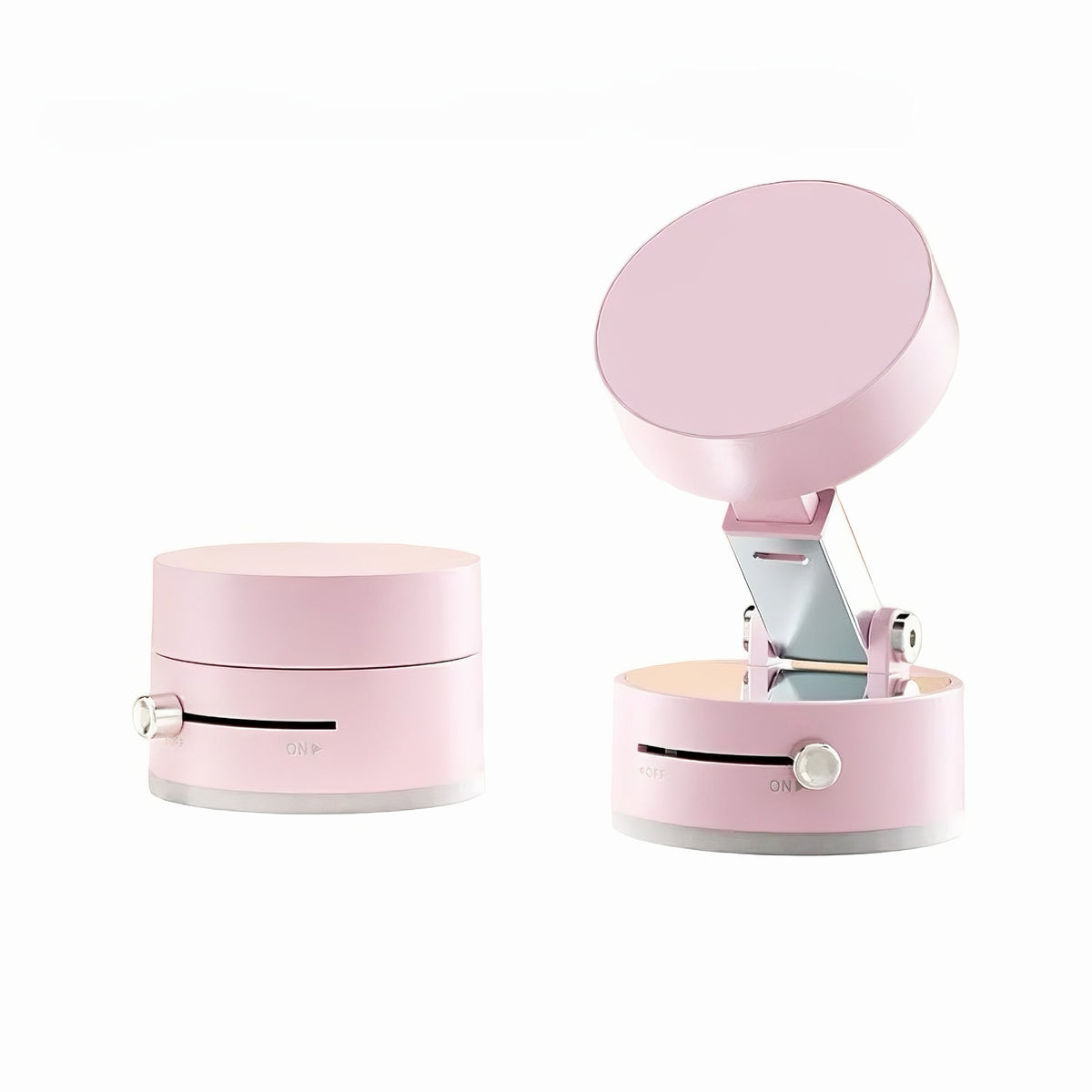 Two pink magnetic desk phone mounts showing the folded and extended adjustable base